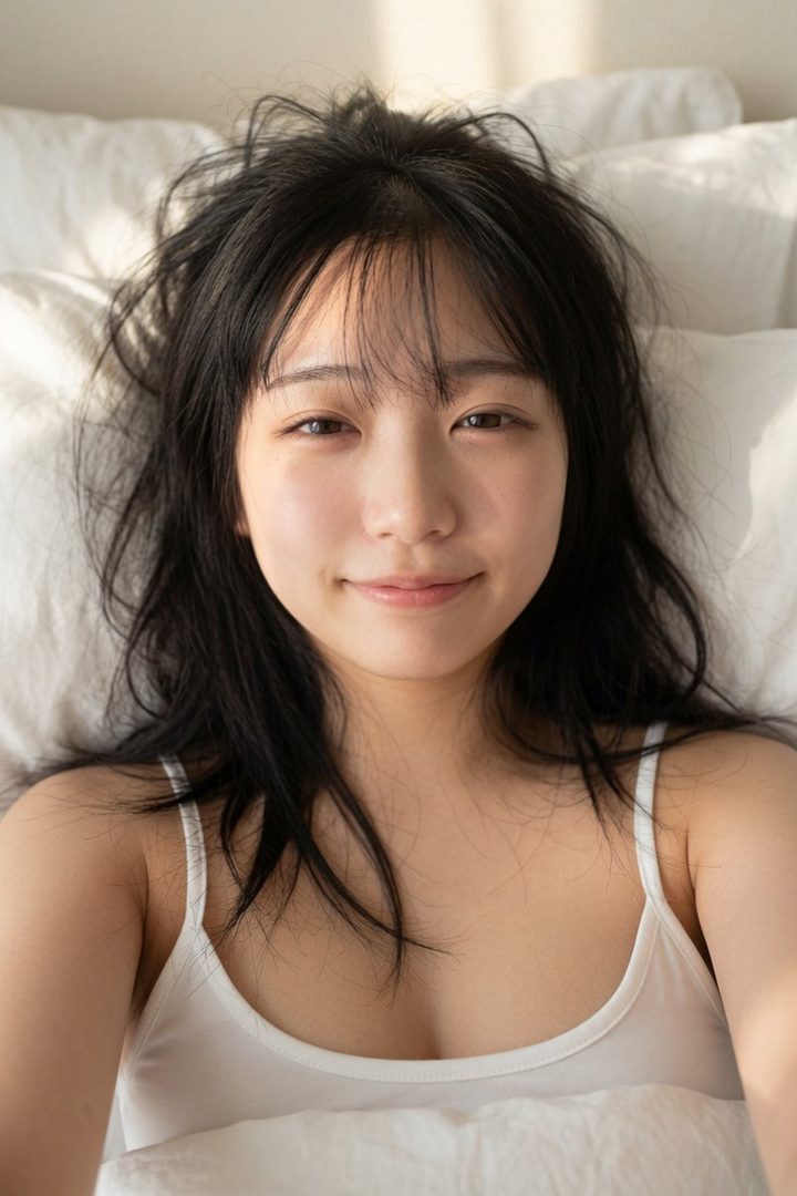 A young woman with black hair and bangs smiles softly while lying in bed, wearing a white camisole.