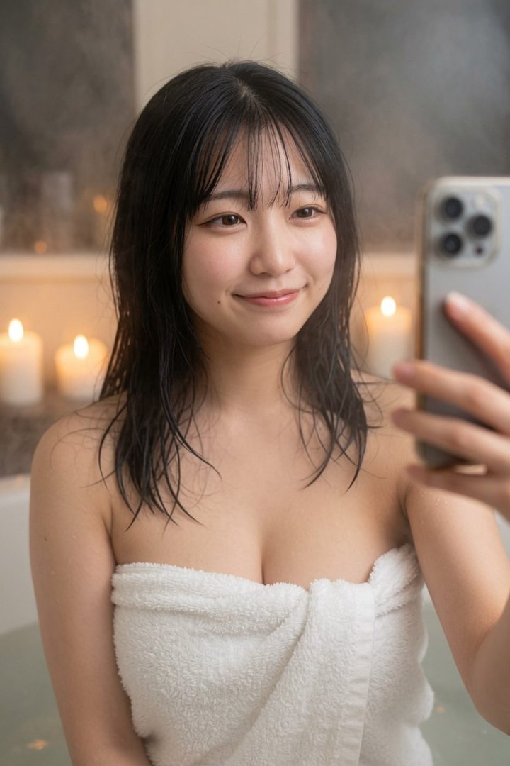 A young woman with wet black hair takes a selfie in a bathtub, wrapped in a white towel, with candles in the background.