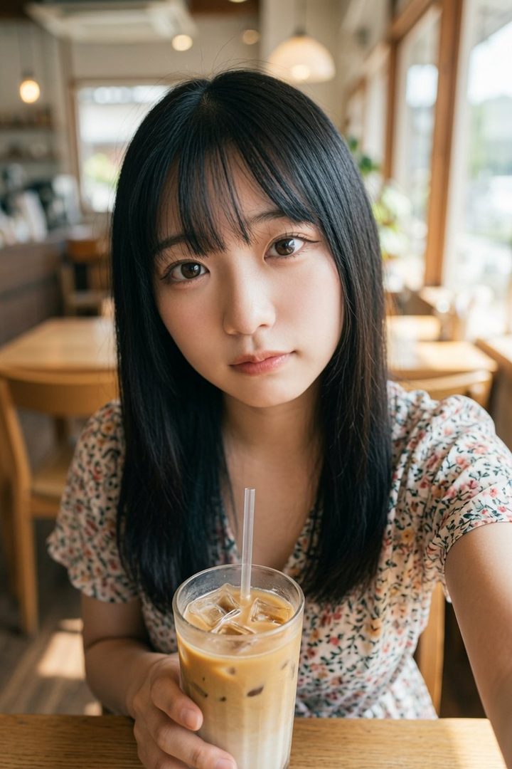 A young woman with long black hair and bangs takes a selfie while holding an iced coffee in a cafe.