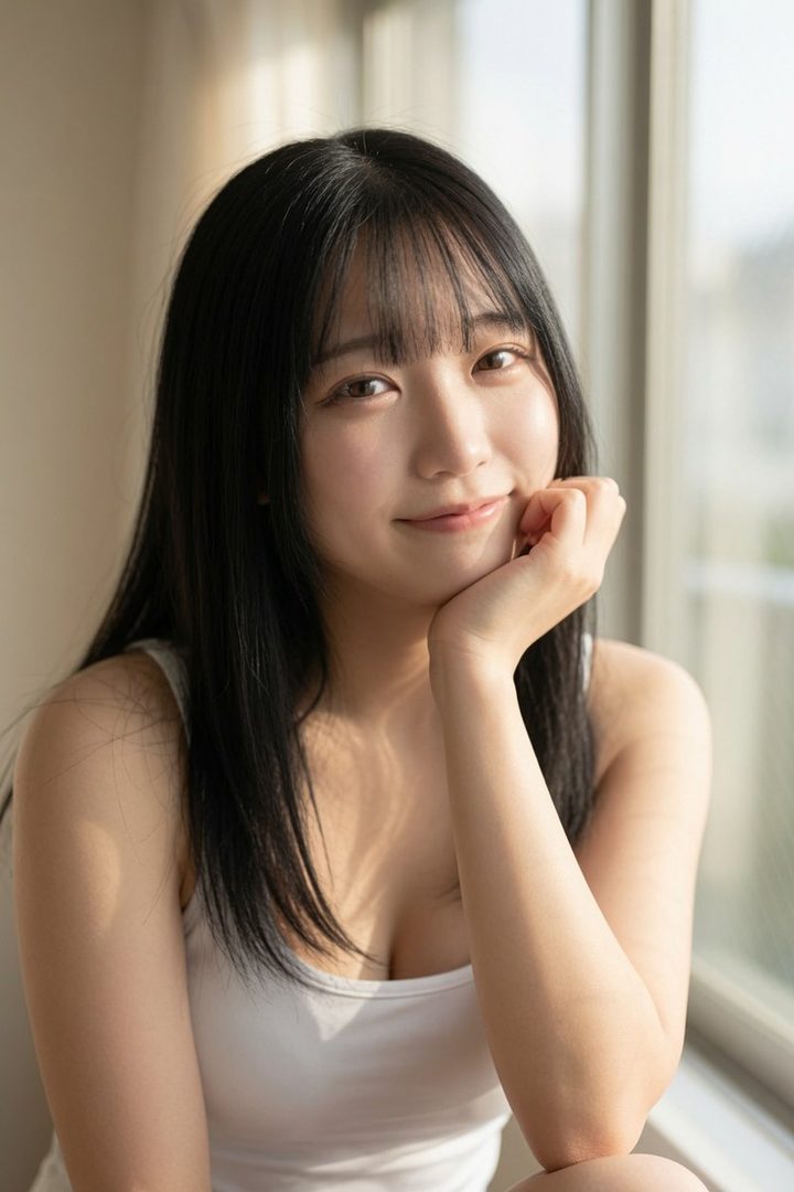 A young woman with long black hair and bangs, wearing a white tank top, smiles gently while resting her chin on her hand indoors.