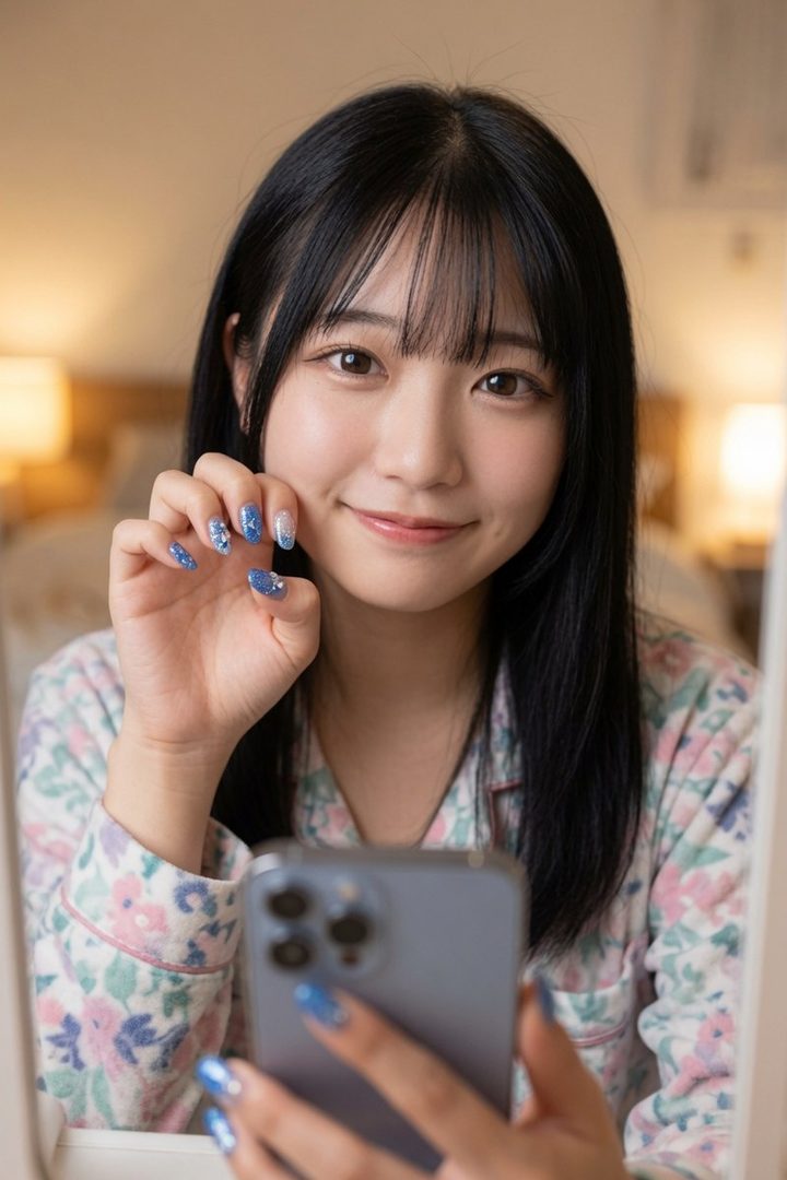 A young woman with black hair and bangs takes a selfie, showing off her blue glitter nail art while wearing floral pajamas.