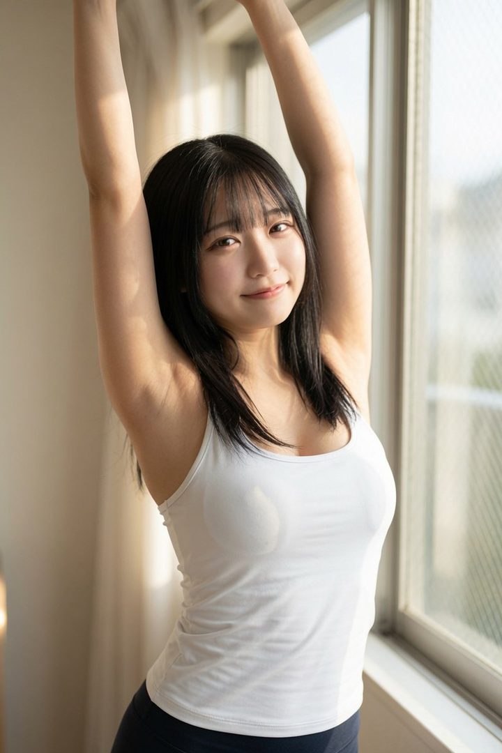 A young woman with black hair and bangs stretches her arms above her head while wearing a white tank top, standing by a window.