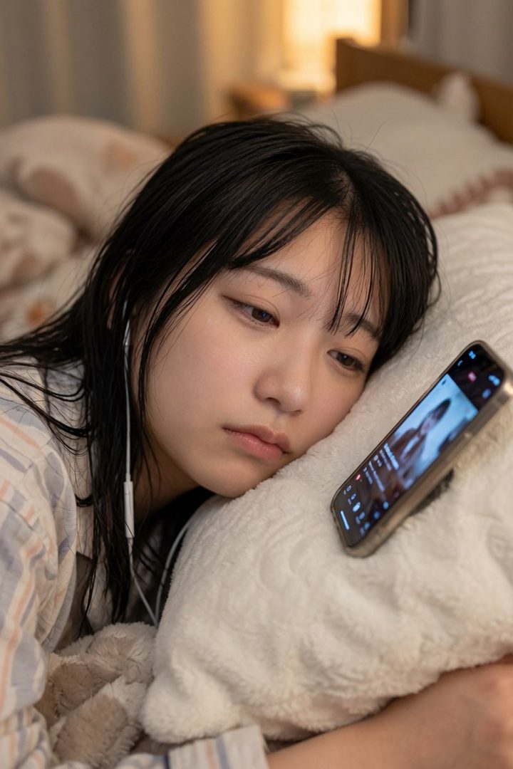 A young woman with black hair and bangs lies on a pillow, listening to ASMR on her phone with wired earphones in a dimly lit room.