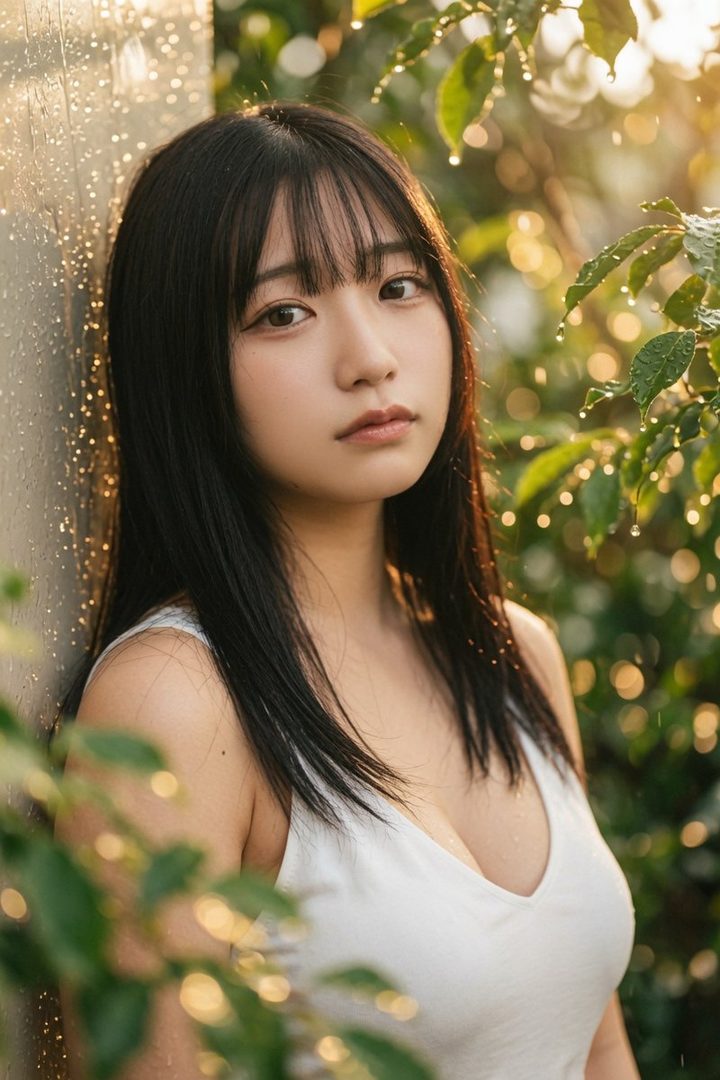 A young woman with long black hair and bangs wears a white tank top, standing outdoors with green foliage and golden hour lighting, with water droplets visible.
