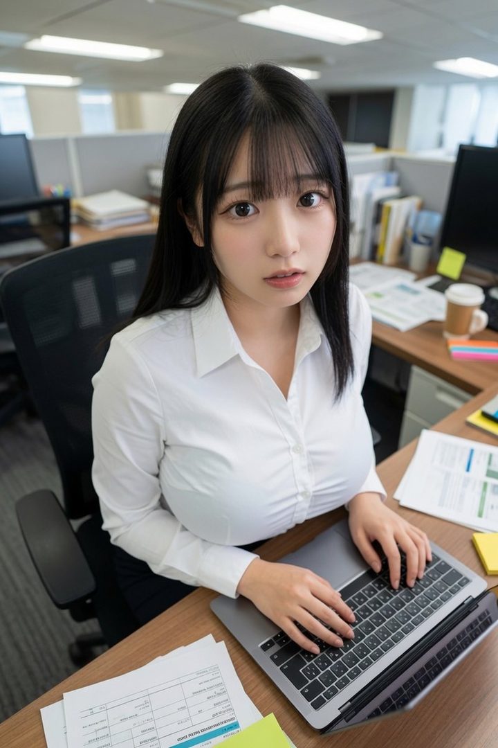 A young woman with long black hair and bangs, wearing a white blouse, sits at an office desk and types on a laptop.