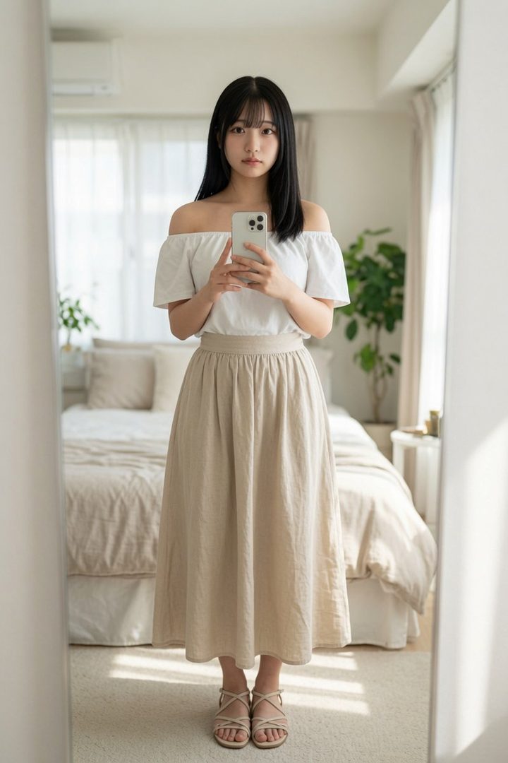 A young woman with long black hair takes a mirror selfie in a bedroom, wearing a white off-shoulder top and a beige skirt.