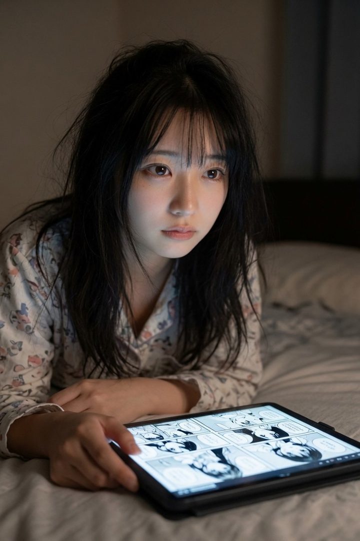 A young woman with long black hair and bangs lies in bed, illuminated by the light of a tablet displaying manga.