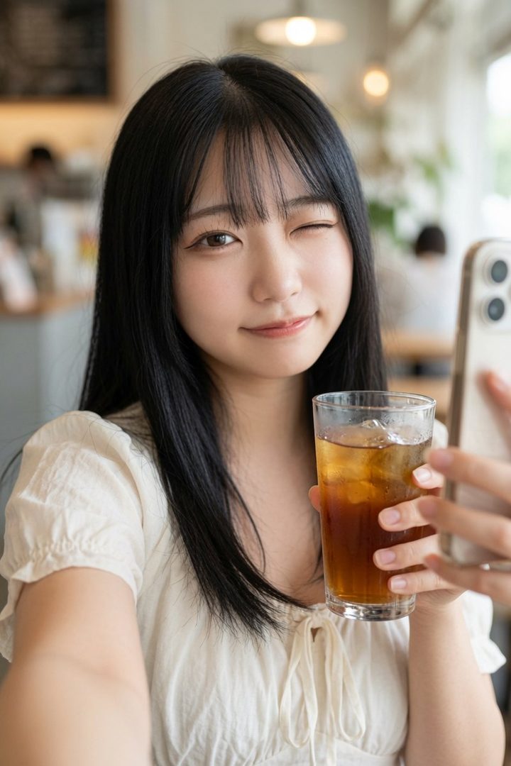 A young woman with long black hair and bangs winks at the camera while holding a glass of iced tea in a cafe.