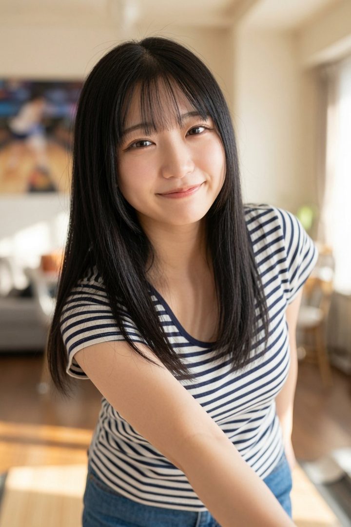 A young woman with long black hair and bangs smiles gently while wearing a striped t-shirt indoors.