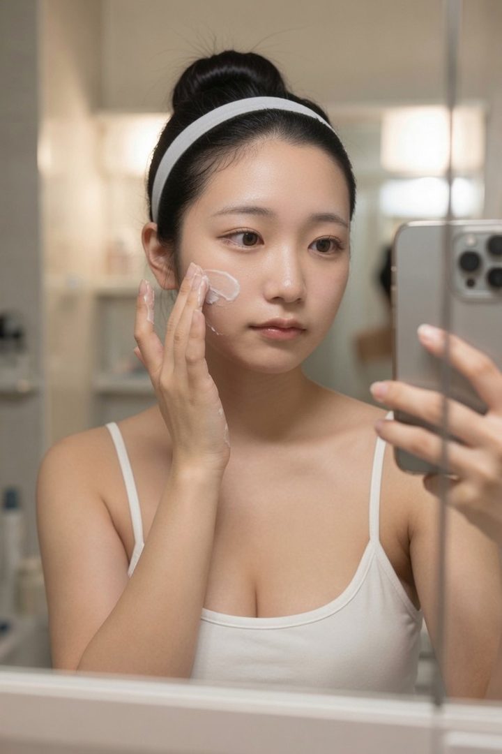 A young woman with black hair in a white tank top applies skincare cream to her face while taking a mirror selfie in a bathroom.