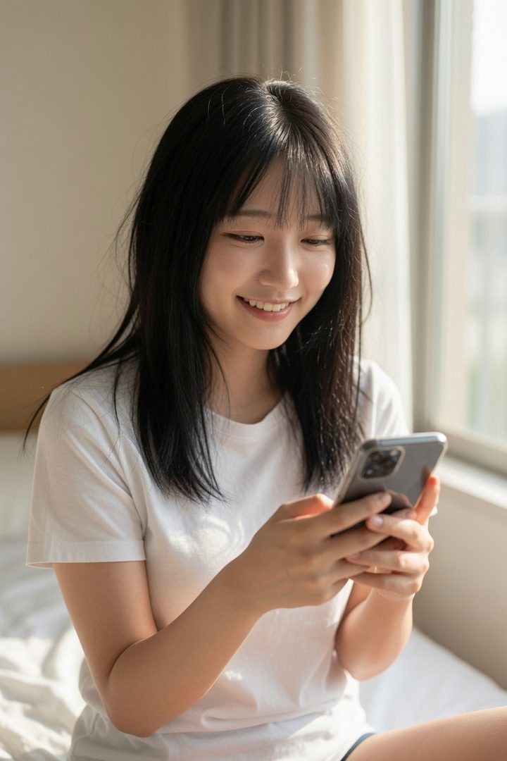 A smiling East Asian woman with long black hair and bangs, wearing a white t-shirt, looks at her phone indoors.
