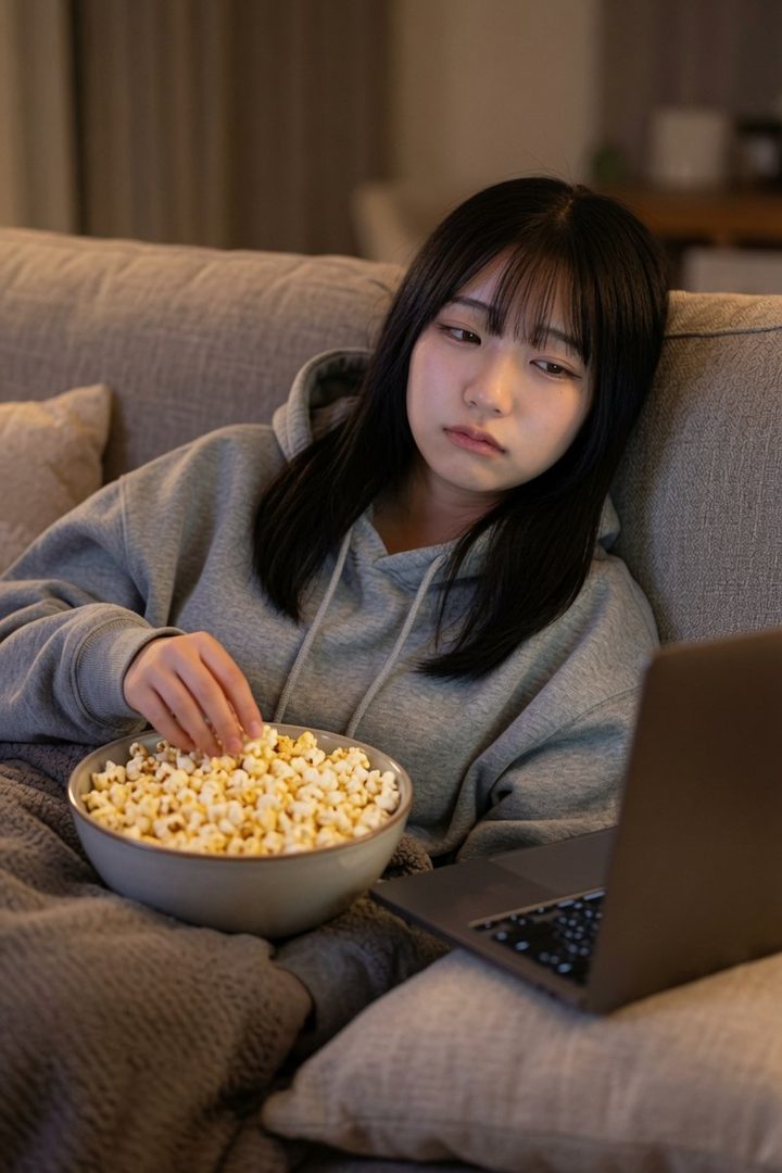 A young woman with black hair and bangs, wearing a grey hoodie, is sitting on a sofa, eating popcorn and looking at a laptop.