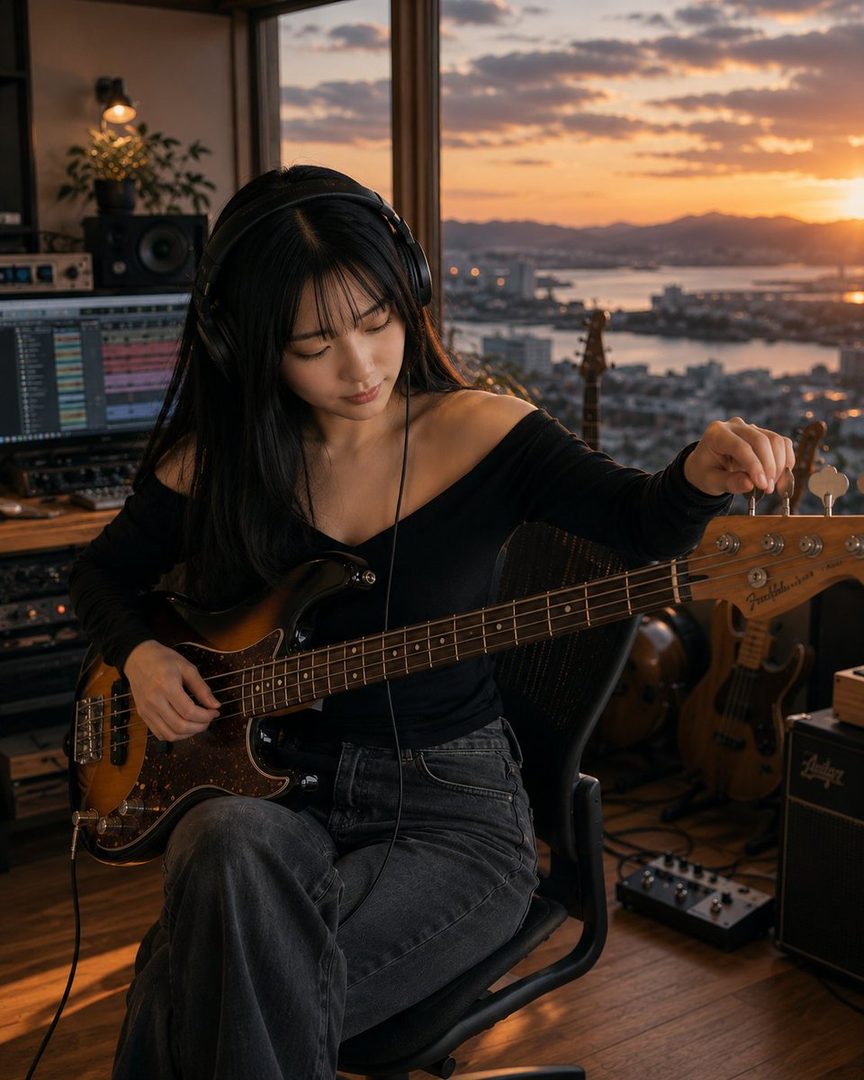 A young woman with long black hair and headphones tunes a bass guitar in a studio with a city sunset view.