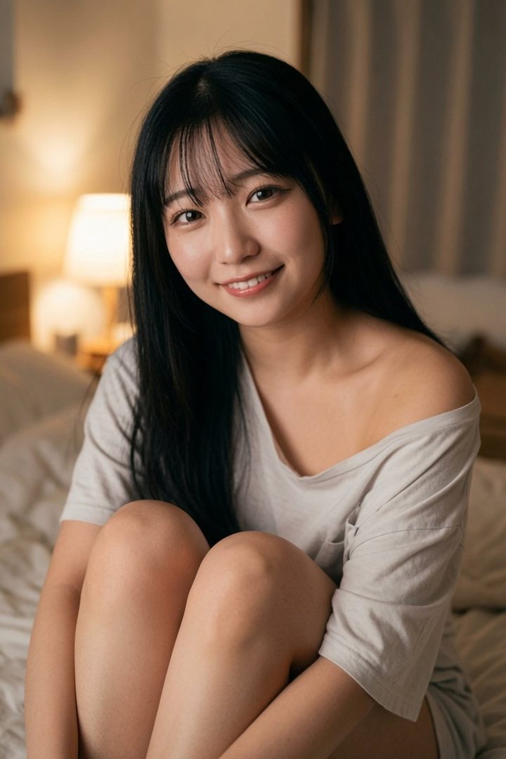 A young woman with long black hair and bangs smiles gently while sitting indoors, wearing a light grey off-the-shoulder top.