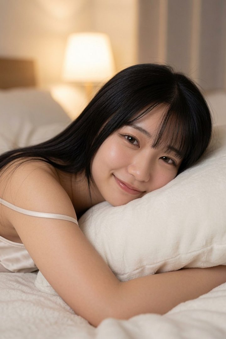 A young woman with long black hair and bangs is lying on a bed, resting her head on a white pillow, and smiling gently at the camera.