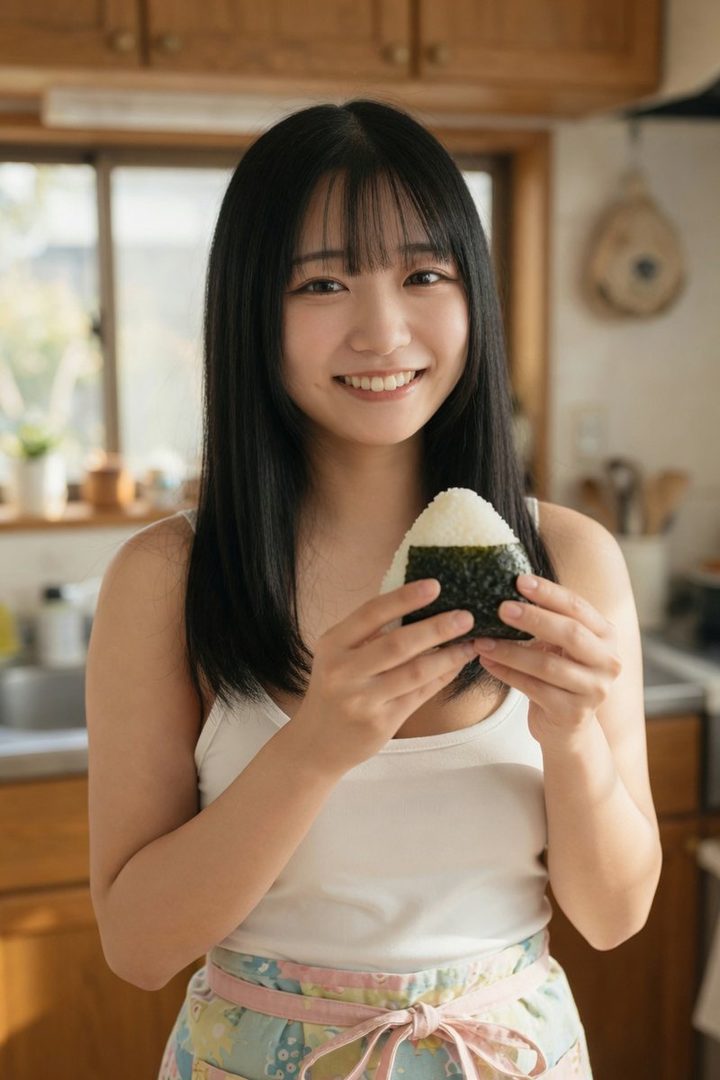 A smiling young woman with long black hair holds an onigiri in a kitchen.