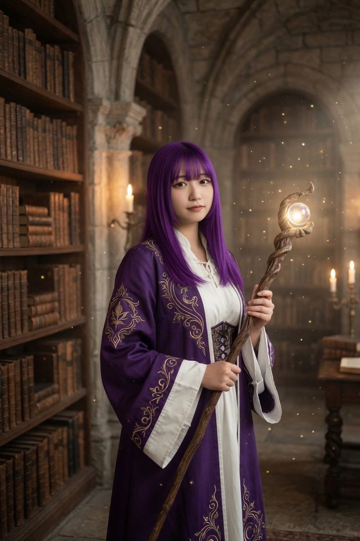 A woman with long purple hair and bangs, dressed in a purple and white wizard robe, holds a glowing staff in a magical library.