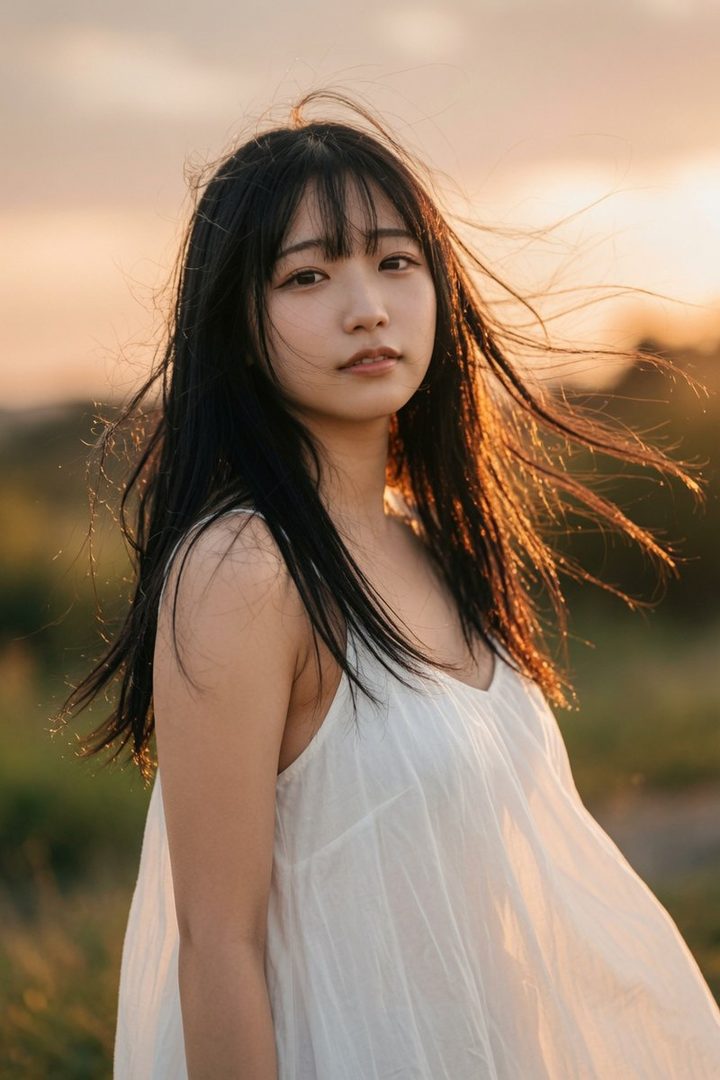 A young woman with long black hair and bangs wears a white dress, standing outdoors during golden hour with sunlight catching her hair.