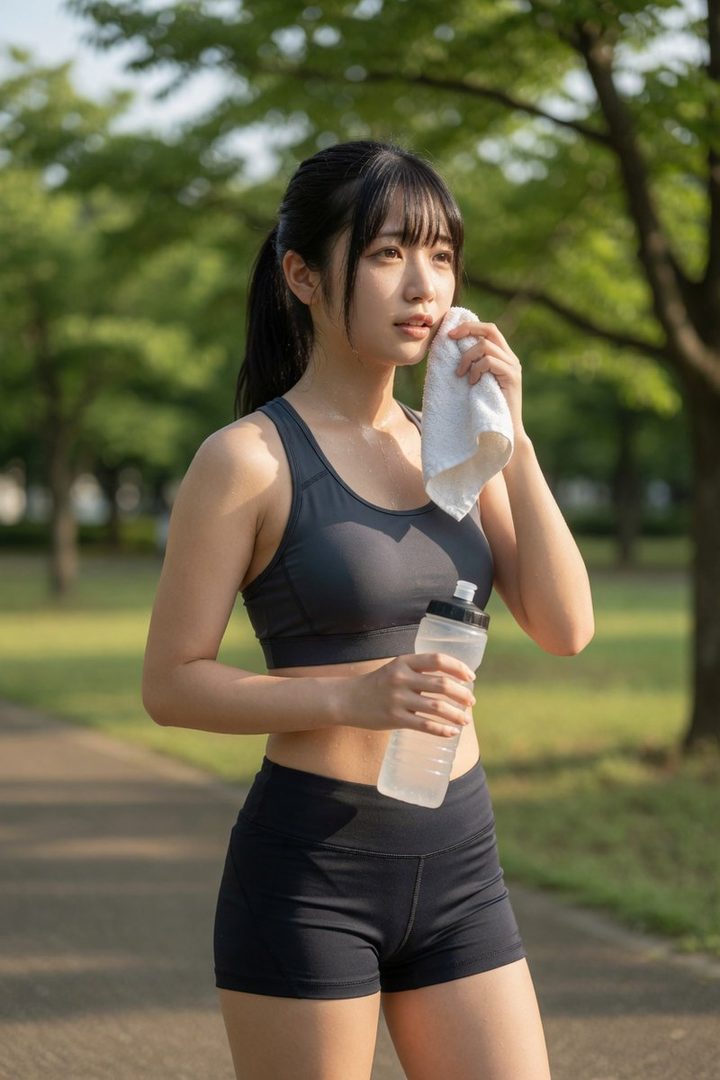 A young woman in sportswear wipes her face with a towel after a jog in a park.