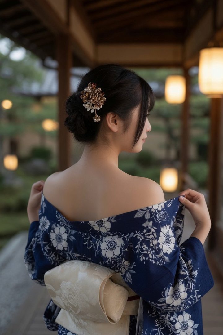 A woman in a blue yukata with white floral patterns is seen from behind, looking to the side, with her shoulders exposed, in a traditional Japanese setting at night.