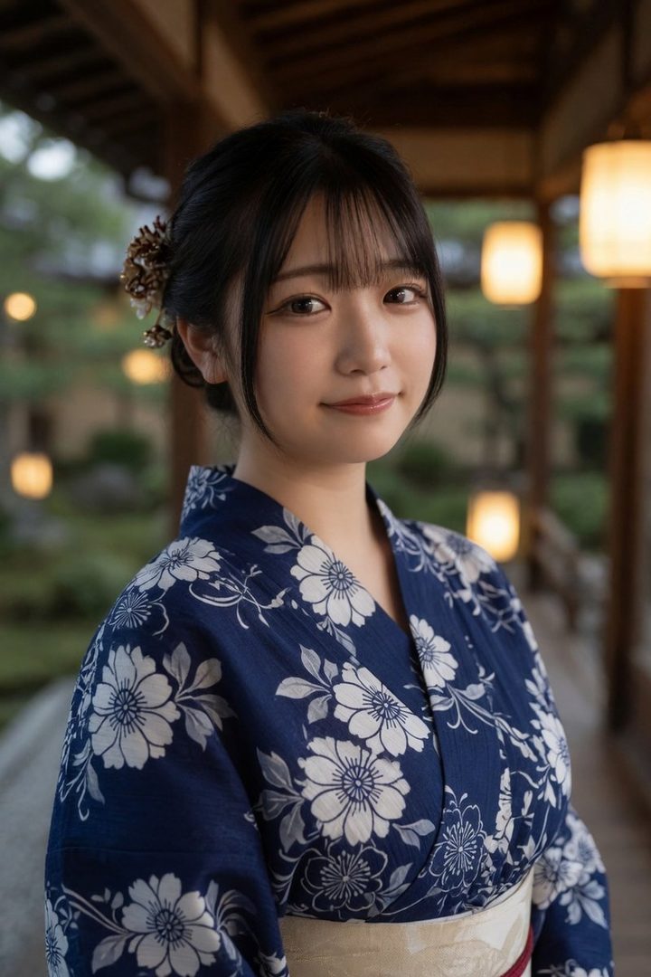 A young woman with black hair and bangs wears a blue yukata with white floral patterns, smiling gently indoors with soft lighting.