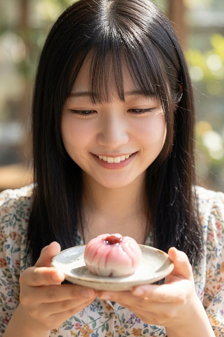 A smiling young woman with long black hair and bangs holds a delicate pink wagashi on a small plate.