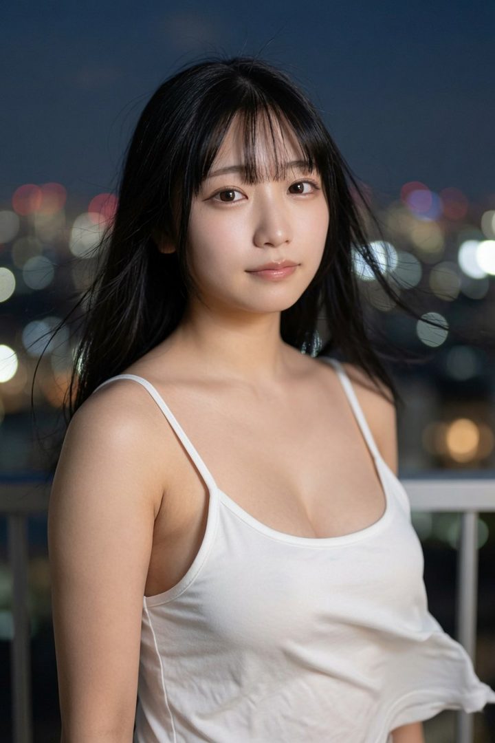 A young woman with long black hair and bangs wears a white camisole on a rooftop at night, with city lights blurred in the background.