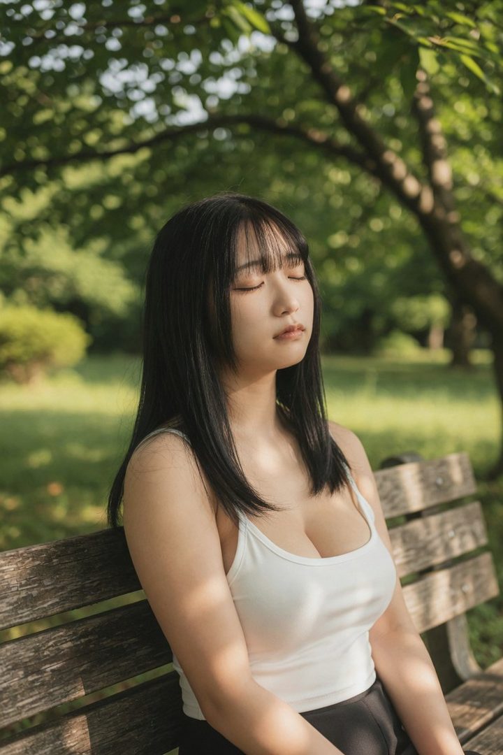 A young woman with black hair and bangs sits on a park bench with her eyes closed, wearing a white tank top, enjoying the sunlight filtering through the trees.