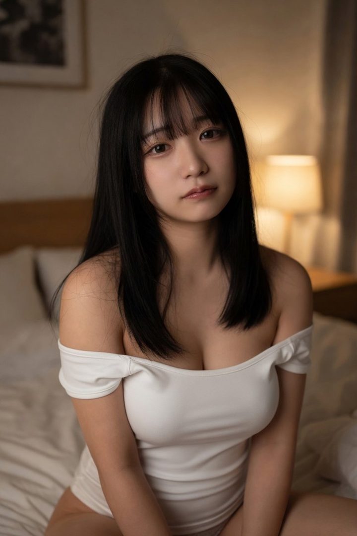 A young East Asian woman with long black hair and bangs wears an off-the-shoulder white top while sitting indoors.