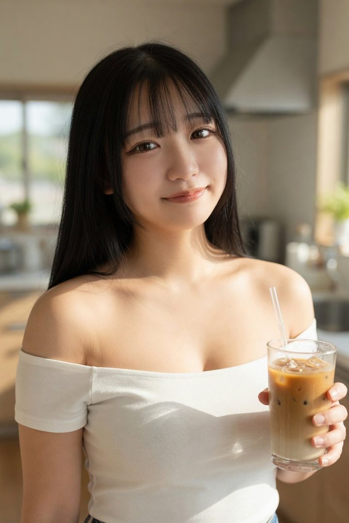 A cute East Asian woman with long black hair and bangs, wearing an off-shoulder white top, holds an iced coffee indoors.