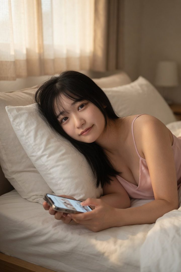 A young woman with long black hair lies in bed, wearing a pink camisole and looking at her phone.