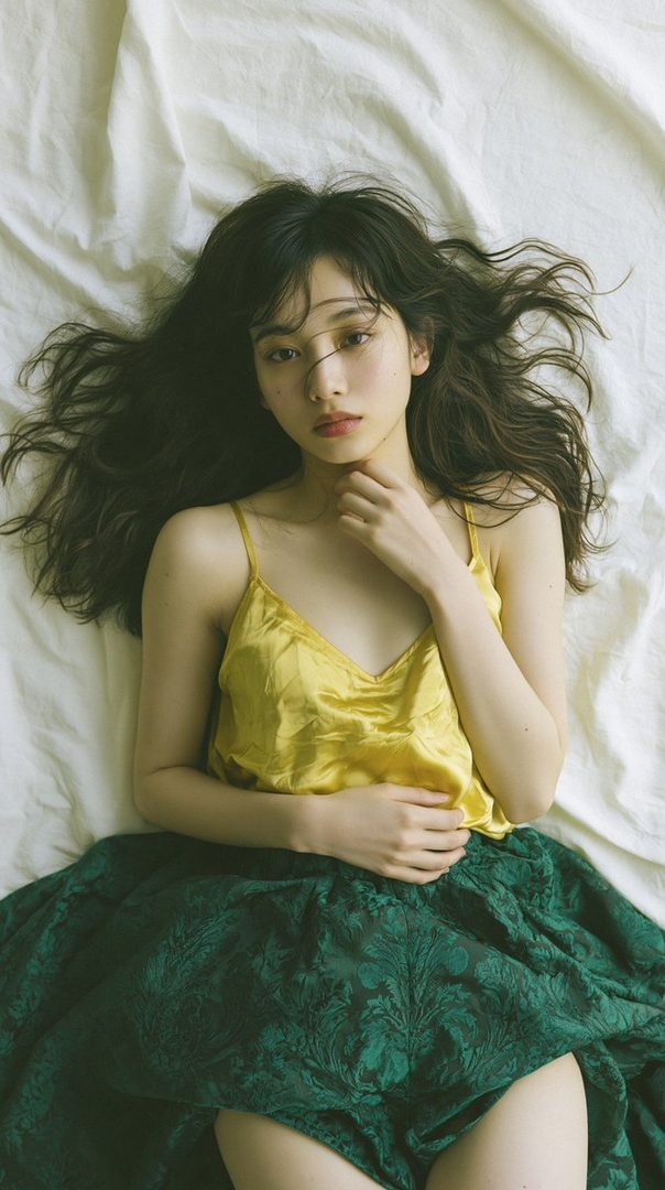 A young woman with long brown hair lies on a white sheet, wearing a yellow camisole and a green patterned skirt.