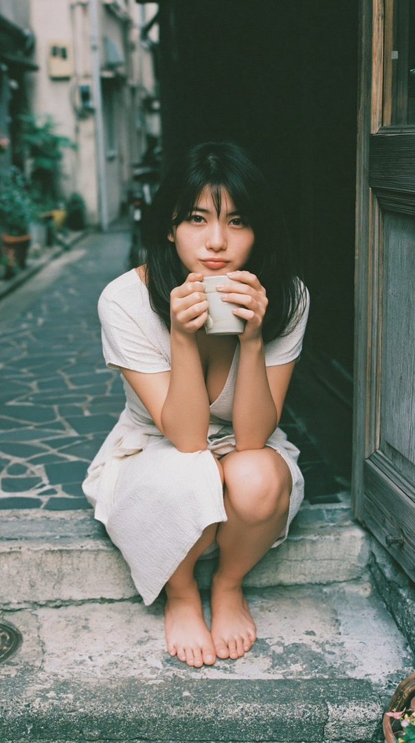 A young woman with black hair sits barefoot on stone steps, holding a mug, in a narrow outdoor alleyway.