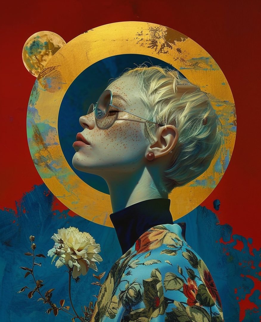 A blonde woman with short hair and sunglasses, wearing a floral top, looks up against a red and blue background with a golden halo and moon.