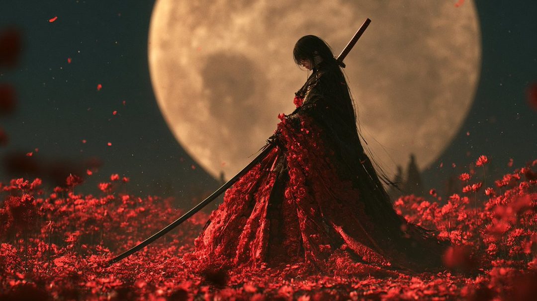 A lone samurai warrior stands in a field of red flowers under a large full moon at night, holding a katana.