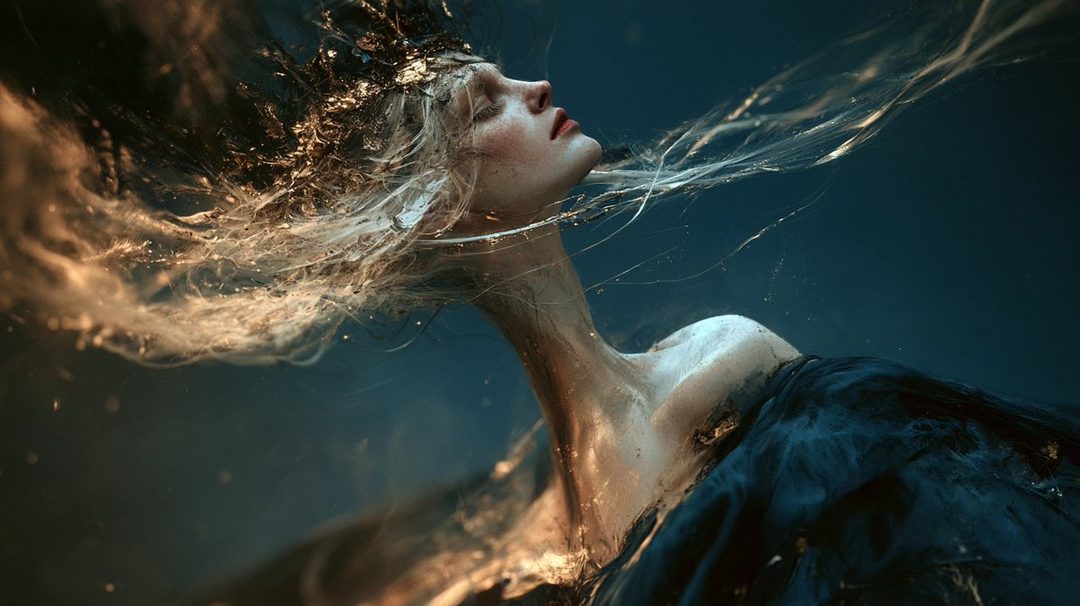 A photorealistic portrait of a woman with blonde hair flowing underwater, looking upwards with a serene expression.