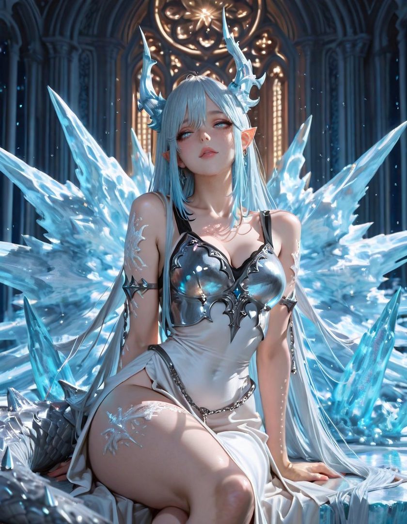 A fantasy portrait of an ice queen with long blue hair, elf ears, and ice horns, wearing a white dress and silver armor, sitting on an icy throne.