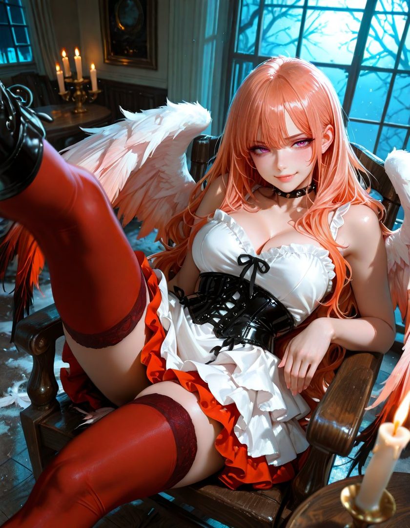 A red-haired woman with wings and a white and red dress sits suggestively in a chair in a candlelit room.