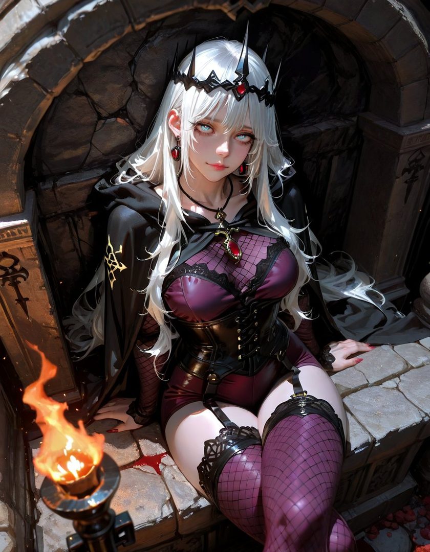 A fantasy portrait of a white-haired woman with a crown and dark attire, sitting in a stone crypt with a torch.