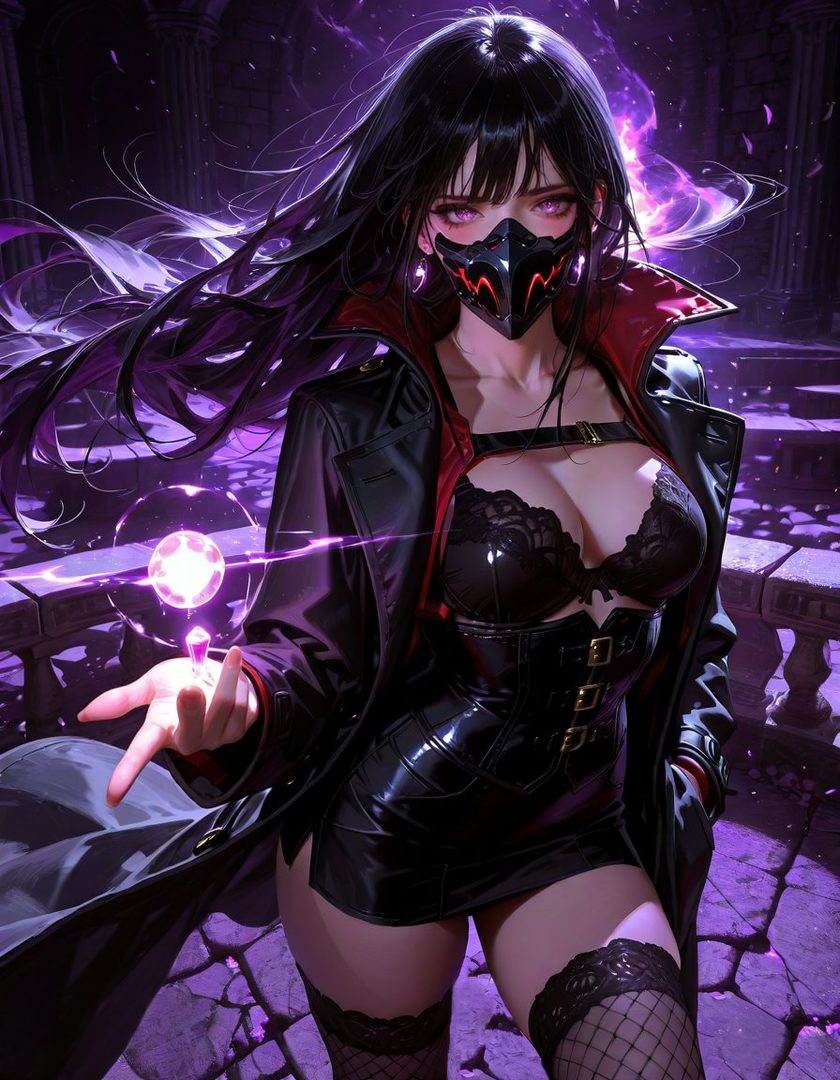 A fantasy art portrait of a woman with long black hair, wearing a black mask, leather coat, and corset, holding a glowing purple orb.