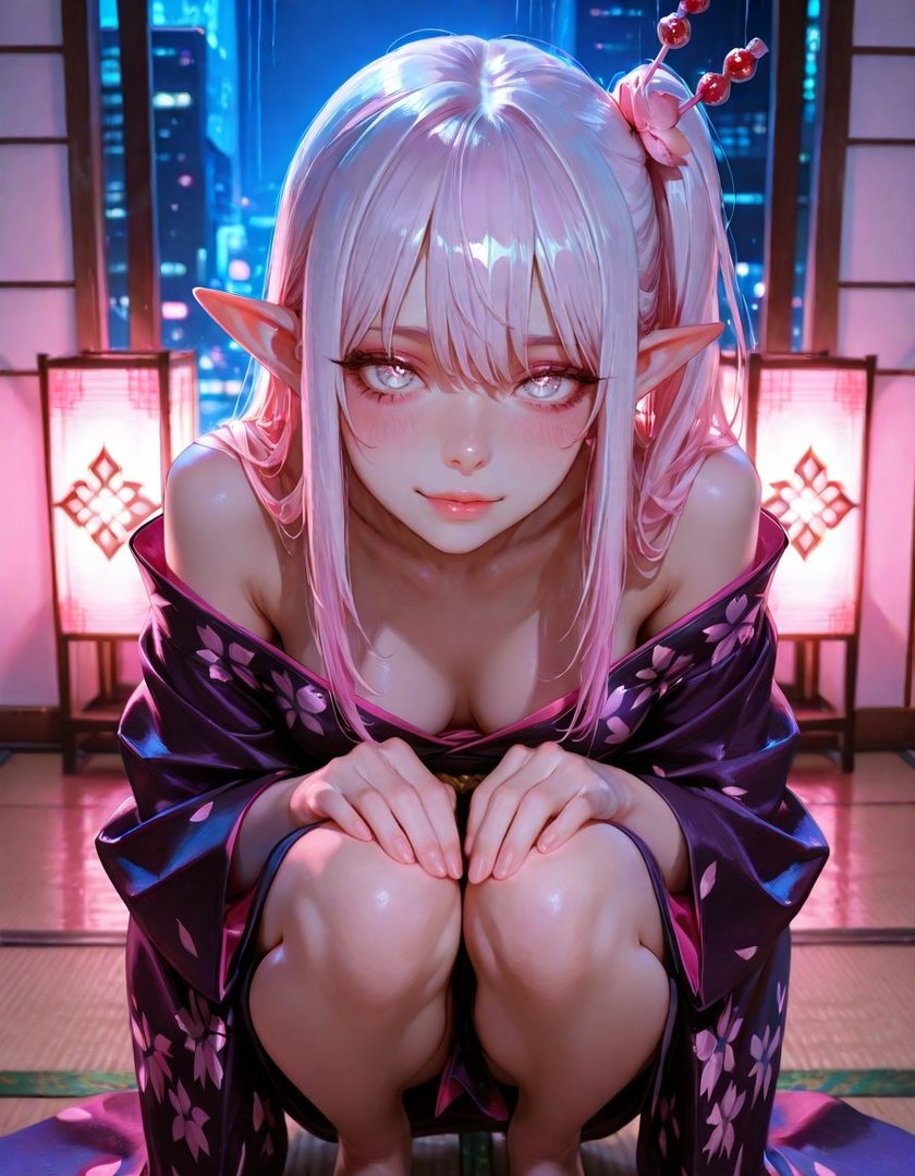 A semi-realistic portrait of an elf girl with pink hair and glowing eyes, wearing a purple kimono, crouching indoors at night with city lights in the background.