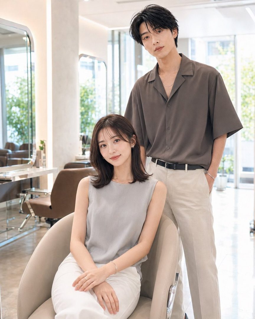 A man and a woman posing in a modern hair salon, with the woman sitting in a chair and the man standing behind her.