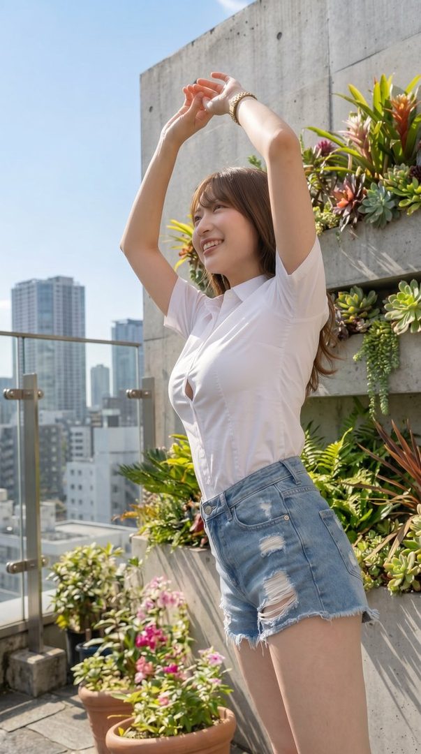 A smiling woman with brown hair in a white shirt and denim shorts stretches her arms up on a sunny rooftop with a city view.