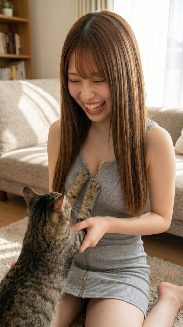A smiling woman with long brown hair in a grey ribbed dress kneels on a rug, playing with a tabby cat whose paws are on her chest.