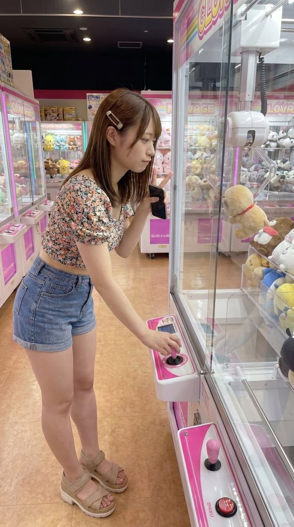 A young woman with brown hair and a floral crop top plays a claw machine in an arcade, focused on the game.