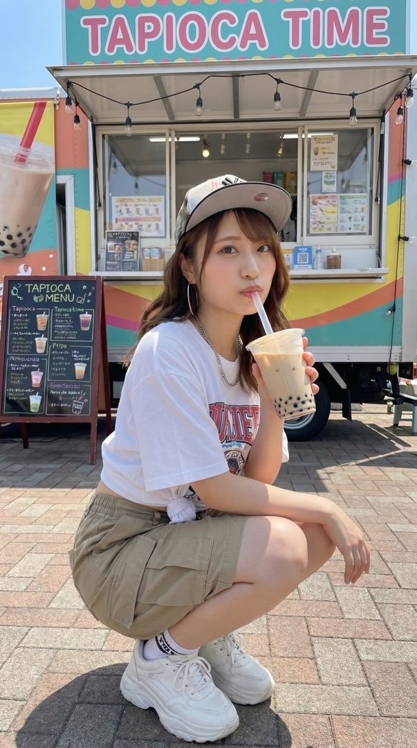 A young woman wearing a white t-shirt, cargo shorts, and a baseball cap, squats down while drinking boba tea in front of a 'Tapioca Time' food truck.