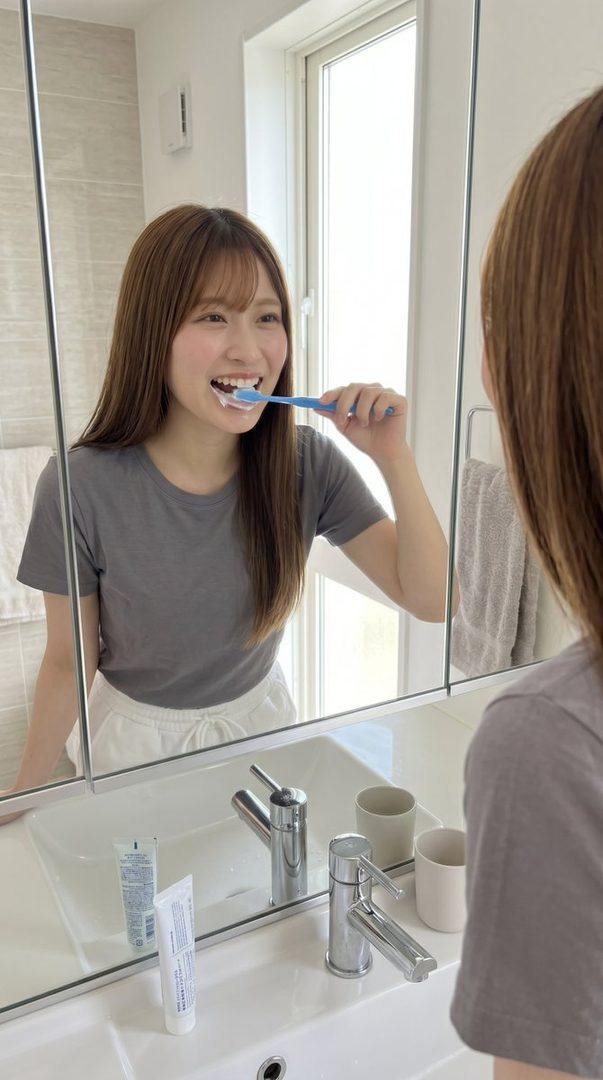 A young woman with long brown hair and bangs is brushing her teeth in a bright bathroom, smiling at her reflection in the mirror.