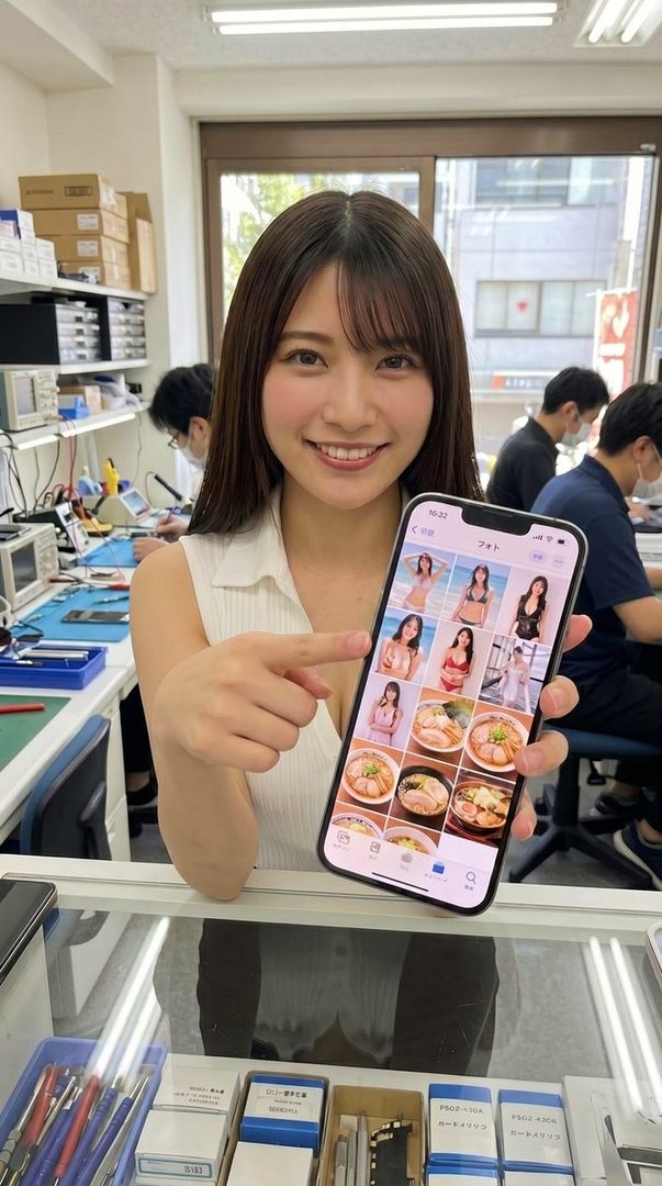 A smiling woman in a white collared top holds up a smartphone, pointing at its screen which displays a gallery of bikini-clad women and food photos, in what appears to be an electronics repair shop.