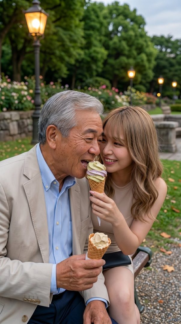 A happy young woman feeds ice cream to an older man in a park setting, both smiling.