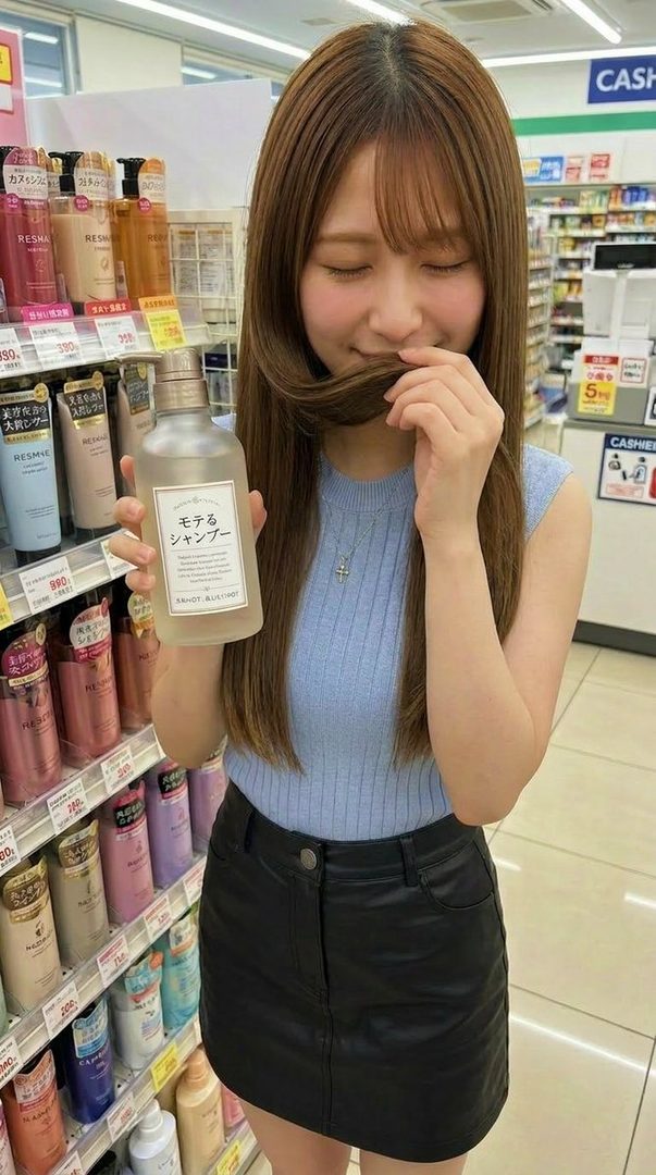 A young woman with long brown hair, wearing a light blue ribbed top and a black mini skirt, holds a shampoo bottle and smells her hair in a convenience store aisle.